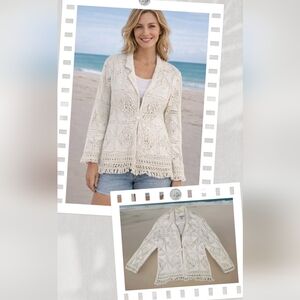 Vintage Lim's 100% Cotton Hand Crocheted Cardigan White Large USA Boho EUC Rare